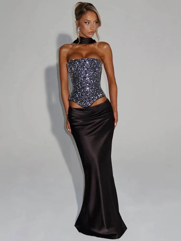 Mozision Pailletten Zweiteiler Damen – Elegantes Satin Crop Top & Langer Rock